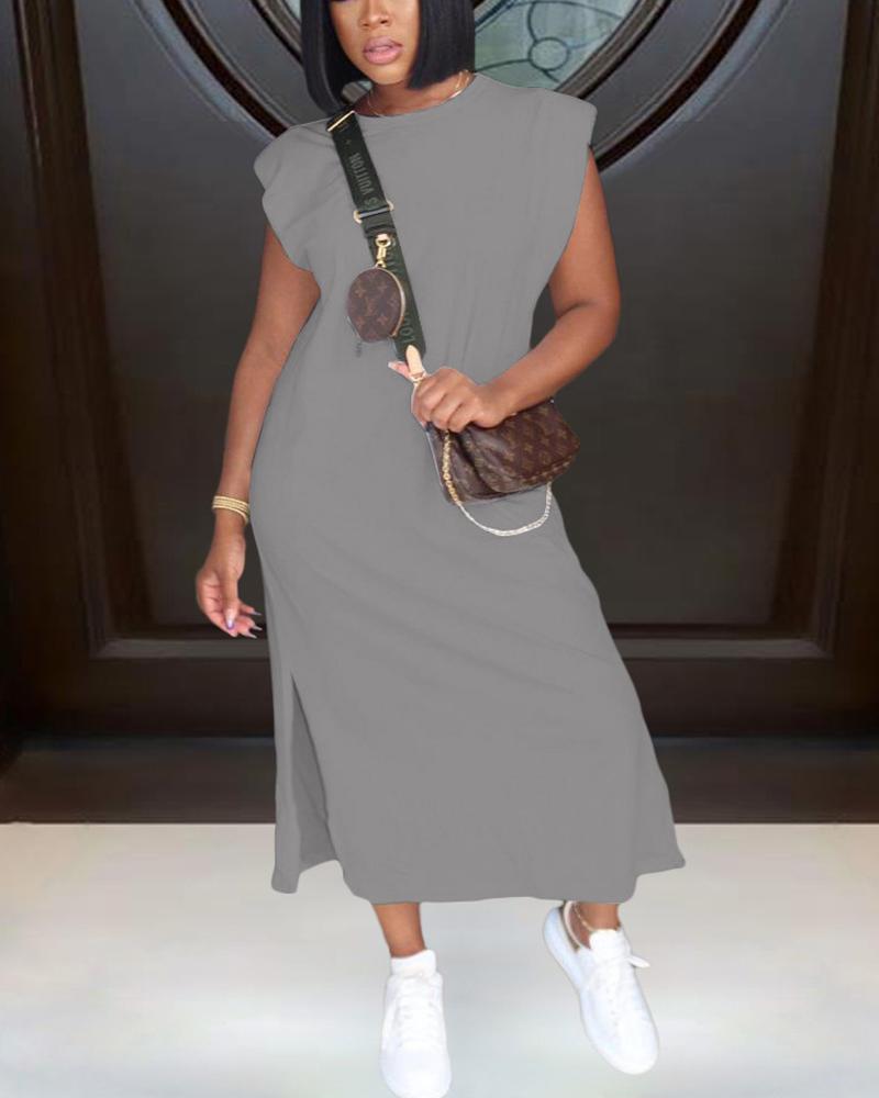 

Loose Round Neck Slit Plain Dress, Gray