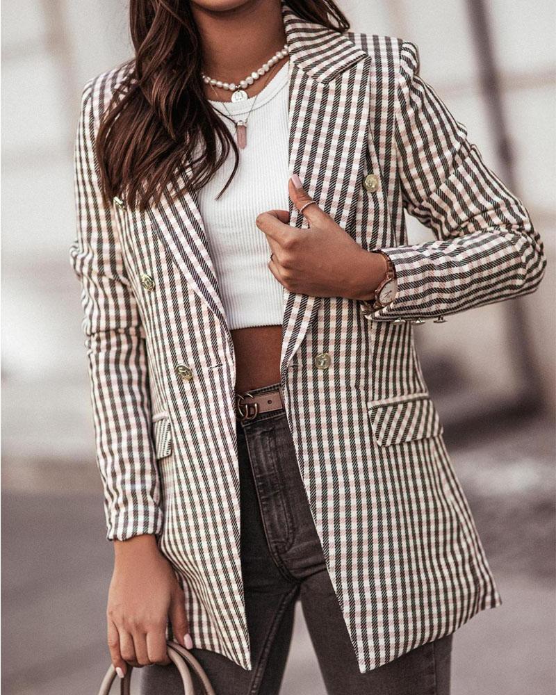 

Plaid Print Double Breasted Flap Detail Blazer, Pink