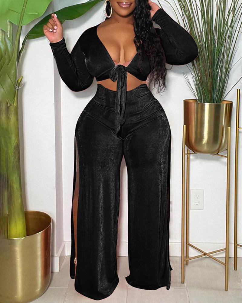 

Velvet Long Sleeve Knotted Crop Top & High Slit Pants Set, Black