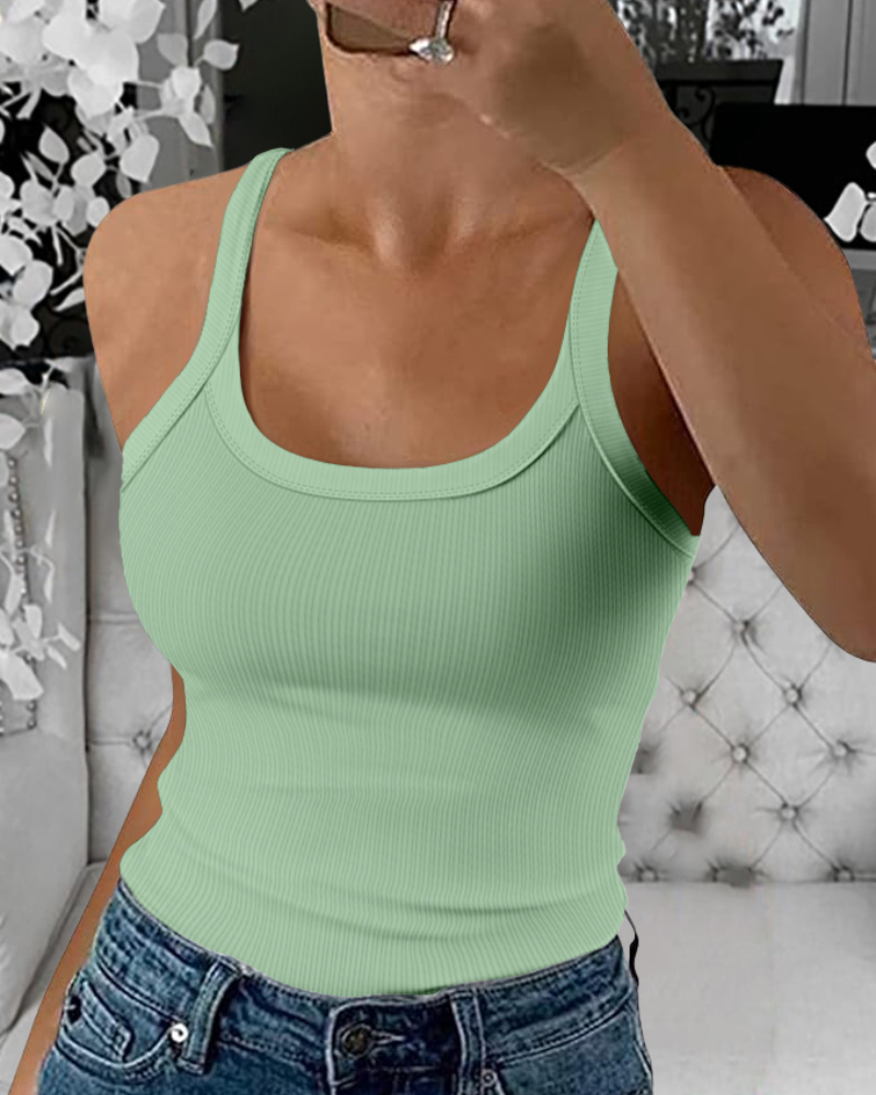 

Scoop Neck Spaghetti Strap Ribbed Top Casual Sleeveless Slim Fit Tank, Light green