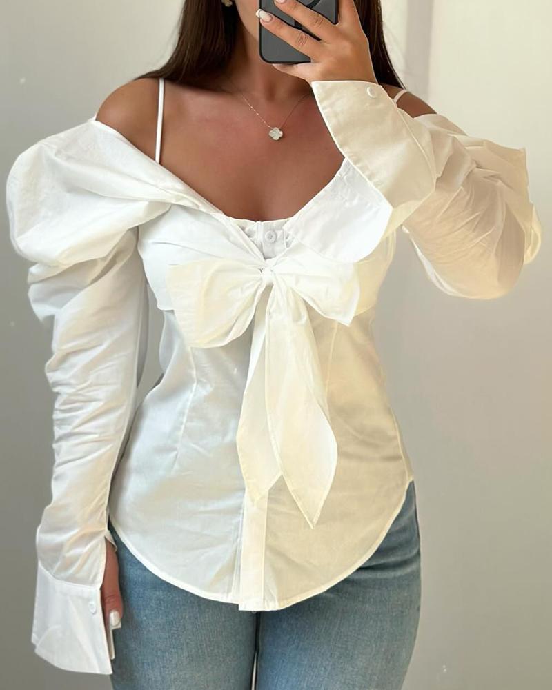 

Gigot Sleeve Cold Shoulder Cinched Waist Blouse Bowknot Design Casual Top, White