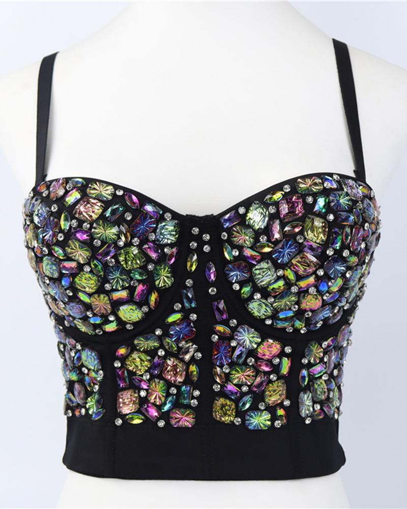 

Colorful Gem Stone Decor Buckle Back Crop Corset Top, Black