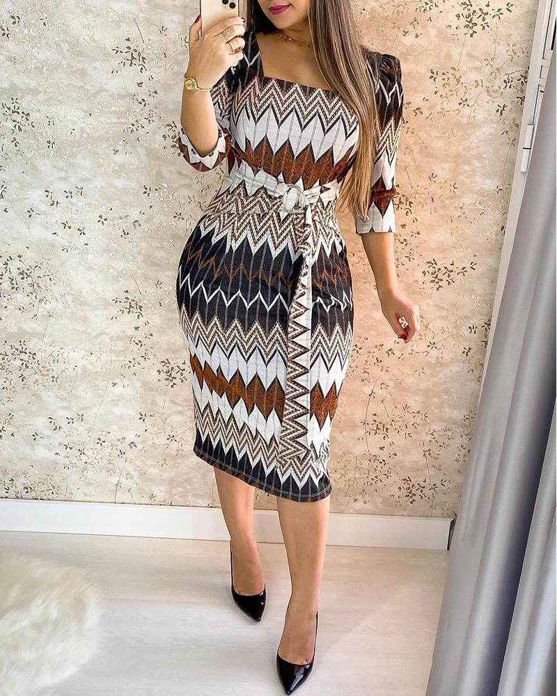

Puff Sleeve Chevron Print O-Ring Tied Detail Dress, Multicolor
