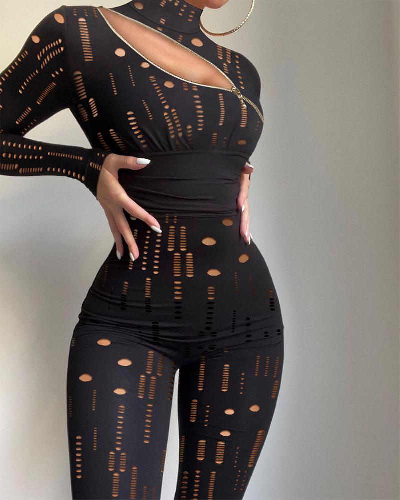 

Zipper Design Hollow Out Skinny Jumpsuit, Black