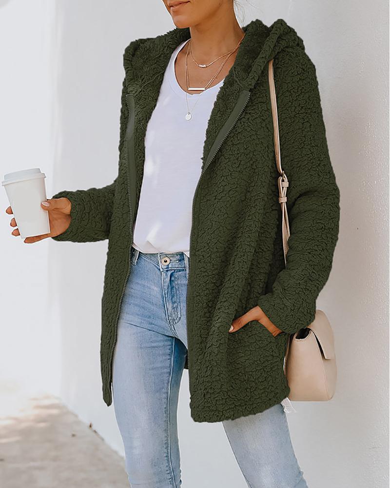 

Pocket Zipper Design Long Sleeve Fluffy Hooded Coat, Army green