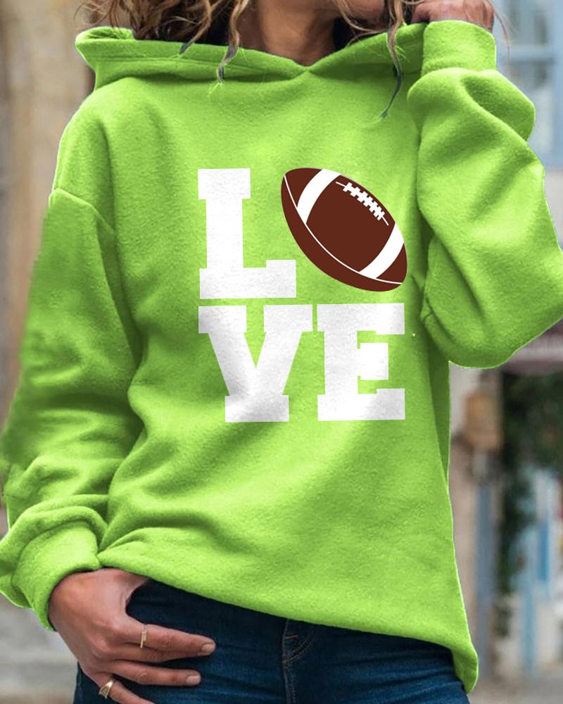 

Letter Rugby Print Long Sleeve Hooded Top, Green