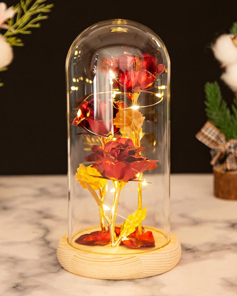 

24K Artificial Flower Rose Gift Eternal Rose in The Glass Dome With LED String Lights, Red