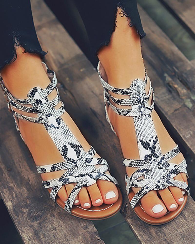 

Suede Multi-Strap Crisscross Flat Sandals, Snakeskin