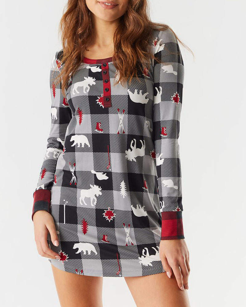 

Christmas Graphic Plaid Print Long Sleeve Sleepshirt, Style1