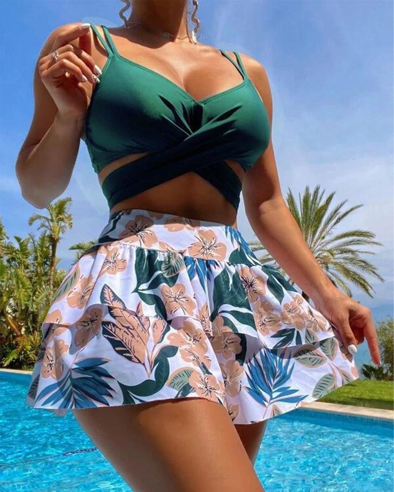 

3PCS Tropical Print Crisscross Bikini Set With Cover Up, Green