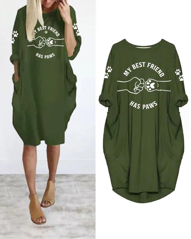 

Puppy Claw Letter Graphic Print Casual Dress, Green