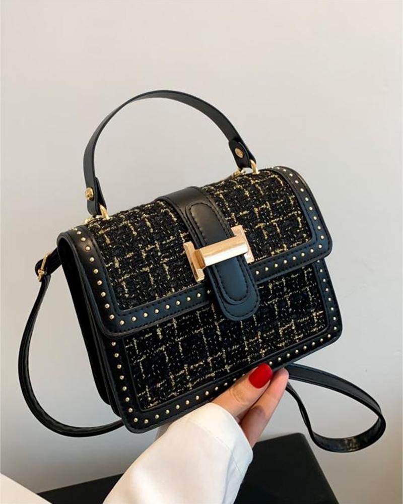 

Trendy Tweed Studded Crossbody Shoulder Bag, Black