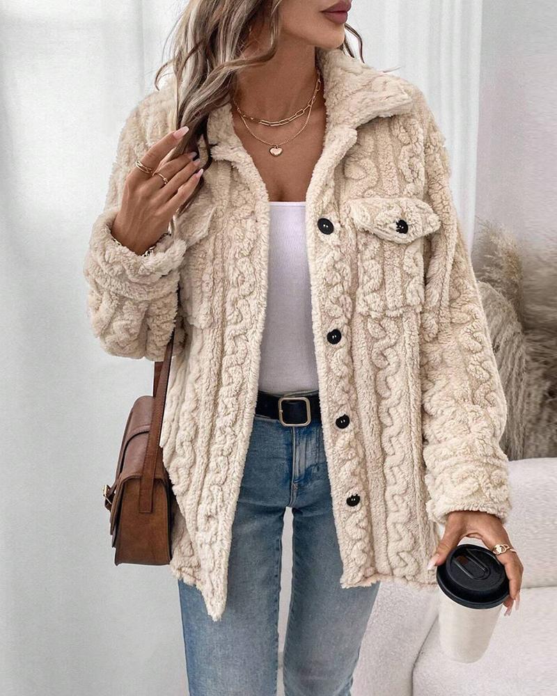 

Plus Size Cable Textured Buttoned Teddy Coat, Apricot