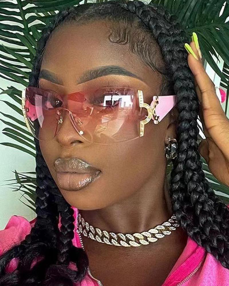 

1Pair Gradient Tinted Rimless Trendy Sunglasses, Pink