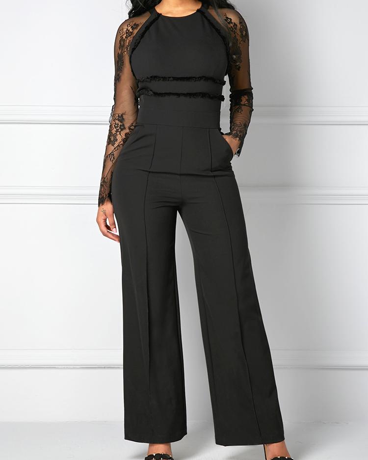 

Sheer Zipper Up Back High Waist Tassel Jumpsuit - Black