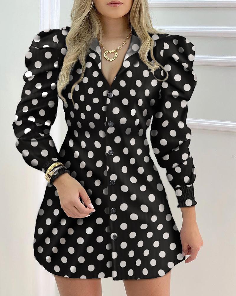 

Polkadot Print Buttoned Puffed Sleeve Shirt Dress, Black