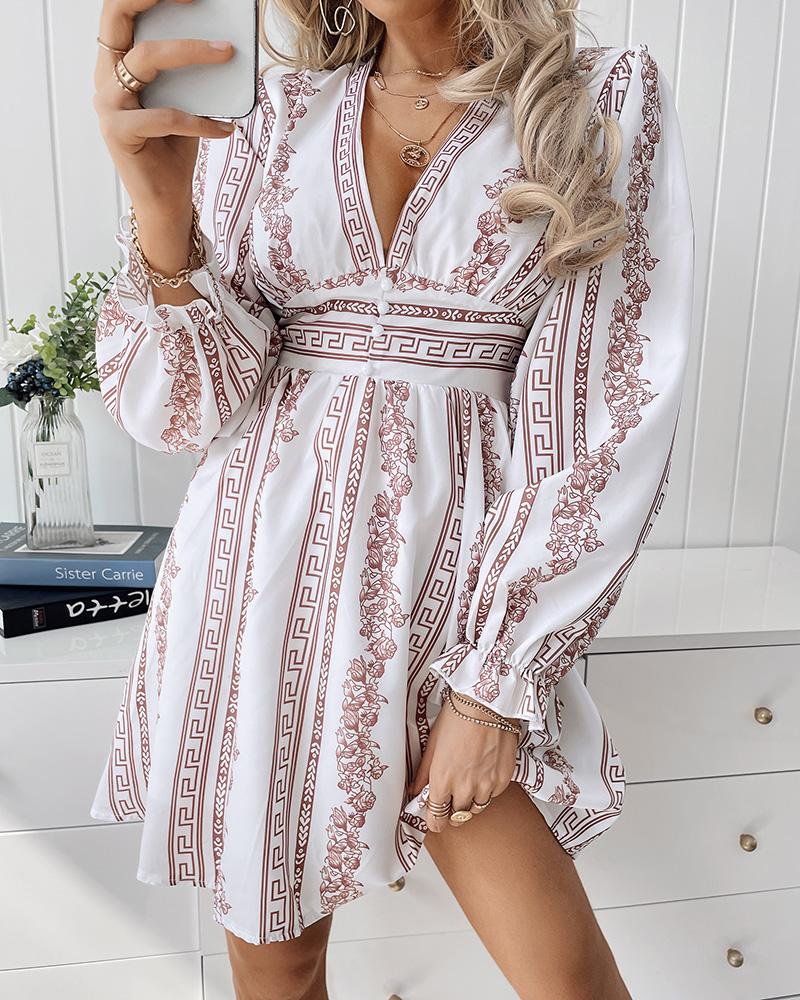 

Floral Print V-Neck Button Detail Flounce Sleeve Dress, White