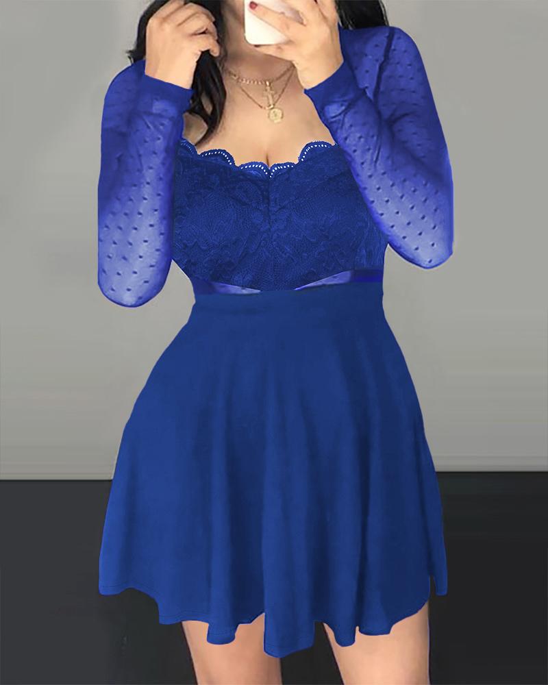

Dot Mesh Ruffles Long Sleeve Dress, Blue