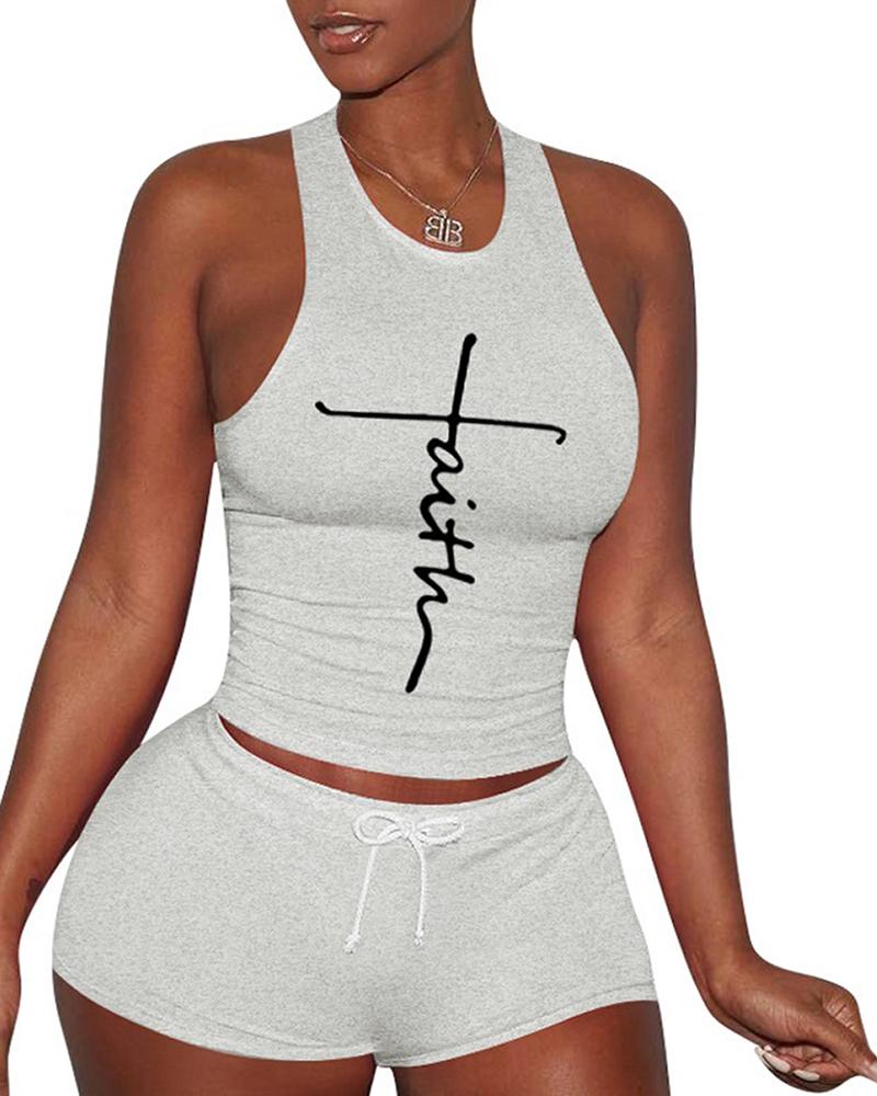 

Letter Print Tank Top & Drawstring Shorts Set, White