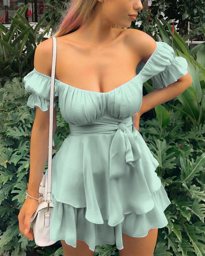 

Solid Ruffles Hem Strap Short Sleeve Cold Shoulder Mini Dress, Light green