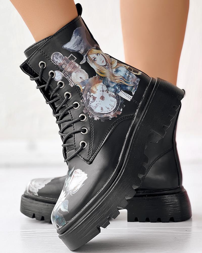 

Cartoon Figure Print Lace-up Platform Combat Boots, Black