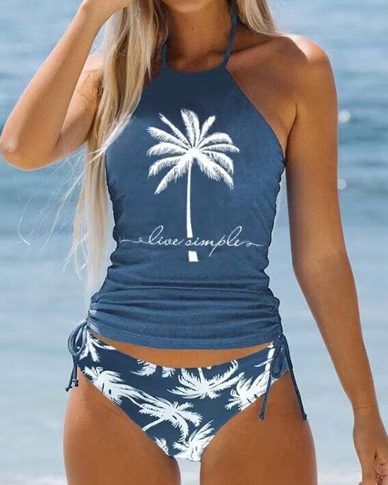 

Live Simple Coconut Tree Print Drawstring Halter Tankini Set, Blue