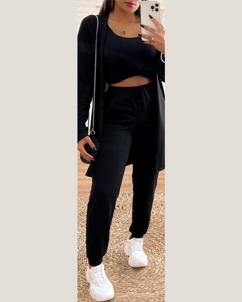 

Scoop Neck Tank Top & Drawstring Pants Set With Coat, Black