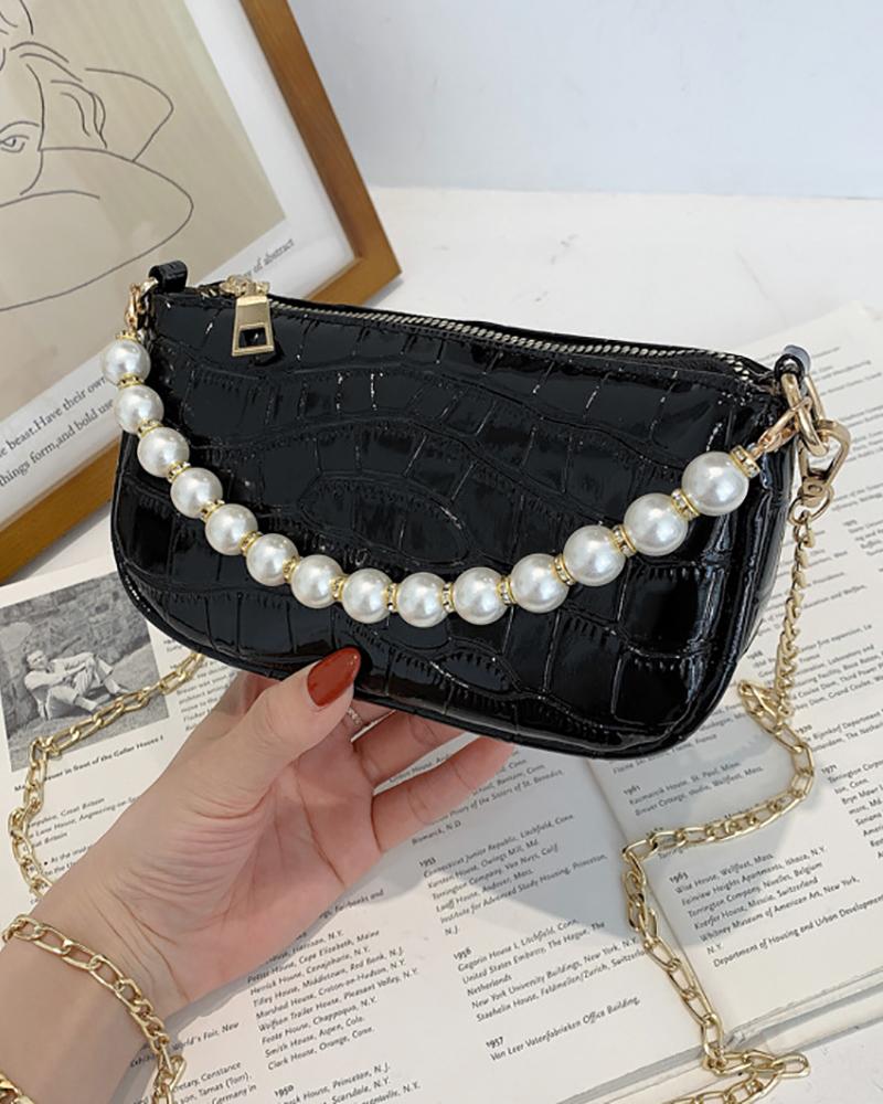 

Beaded Decor Croc Embossed Shoulder Bag, Black