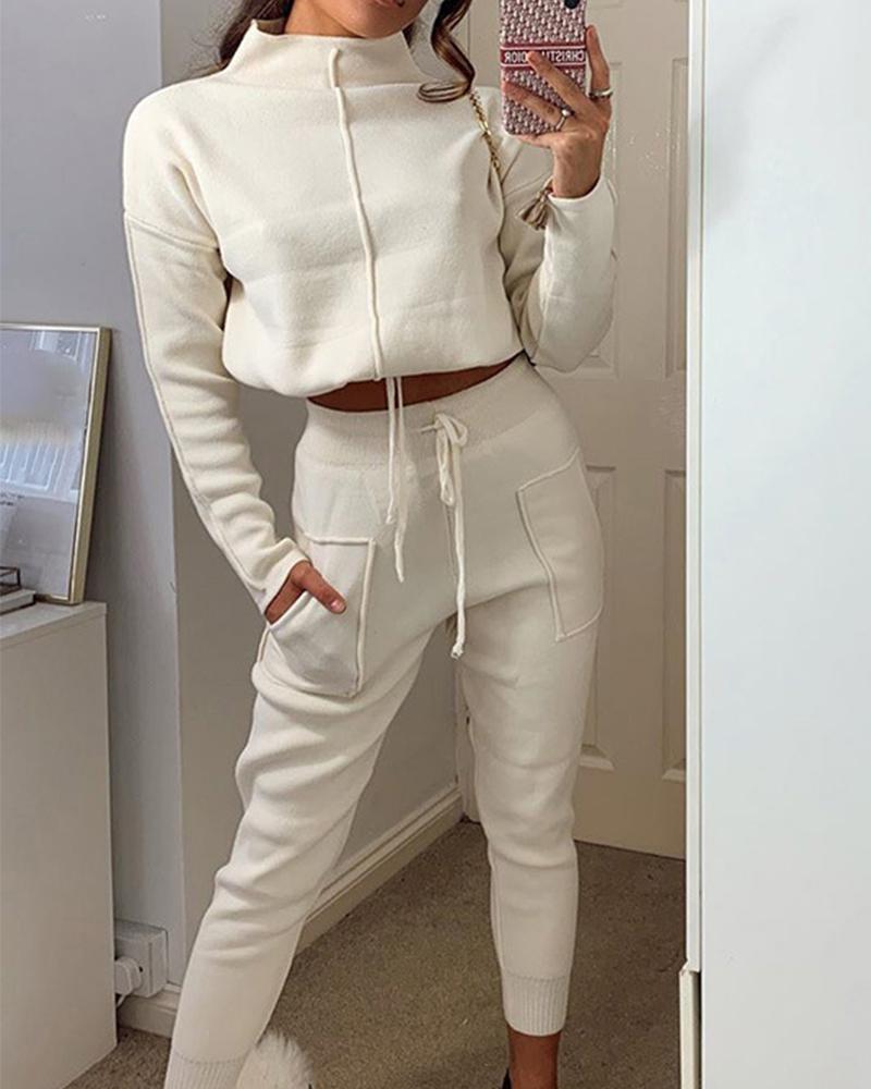 

Solid Color Long Sleeve Sweatshirt Sets, White