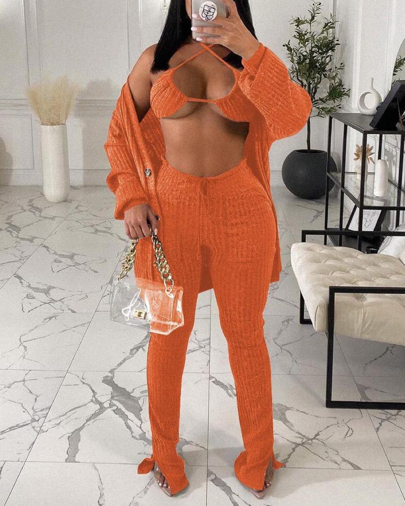 

Lantern Sleeve Buttoned Coat & Slit Pants Set With Bralette, Orange