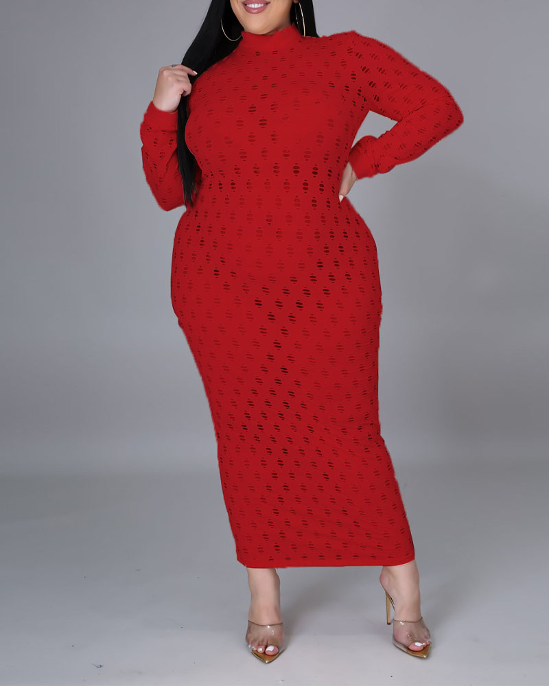 

Plus Size Long Sleeve Hollow Out Bodycon Dress, Red