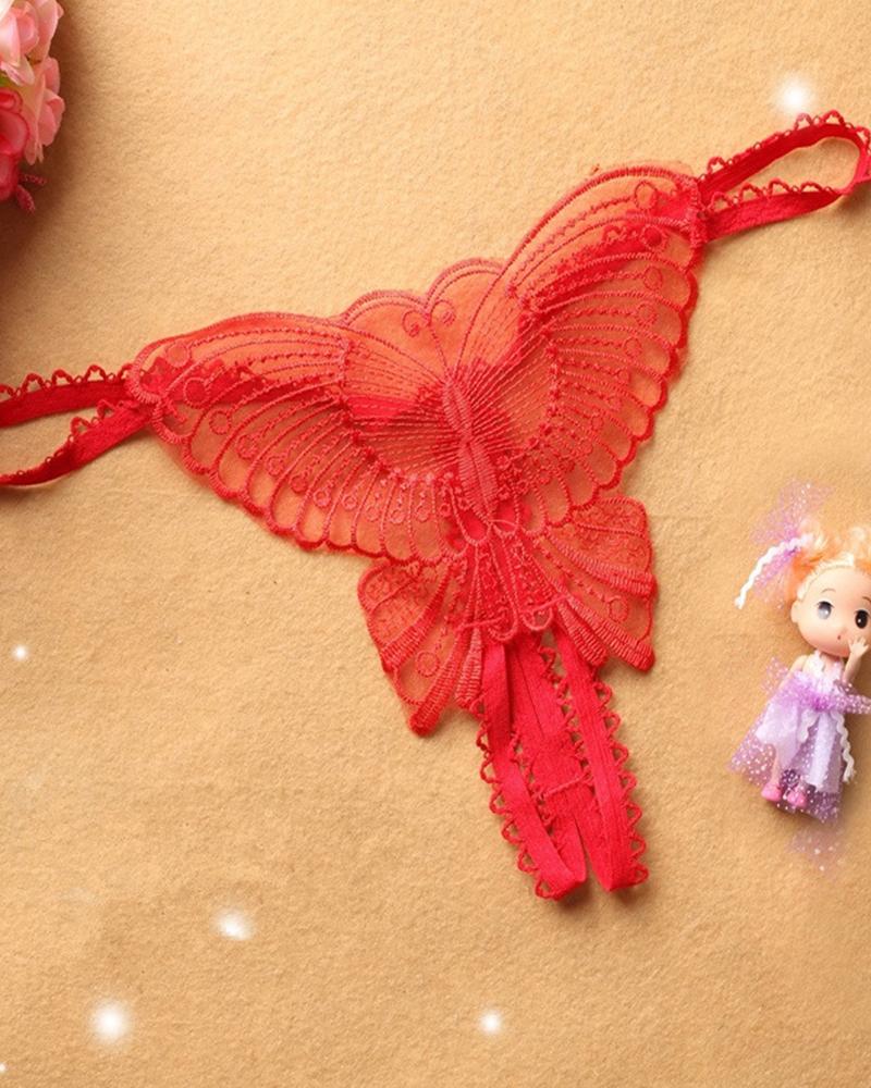 

Sexy Butterfly Embroidery Low Waist Skinny Thong Panties, Red