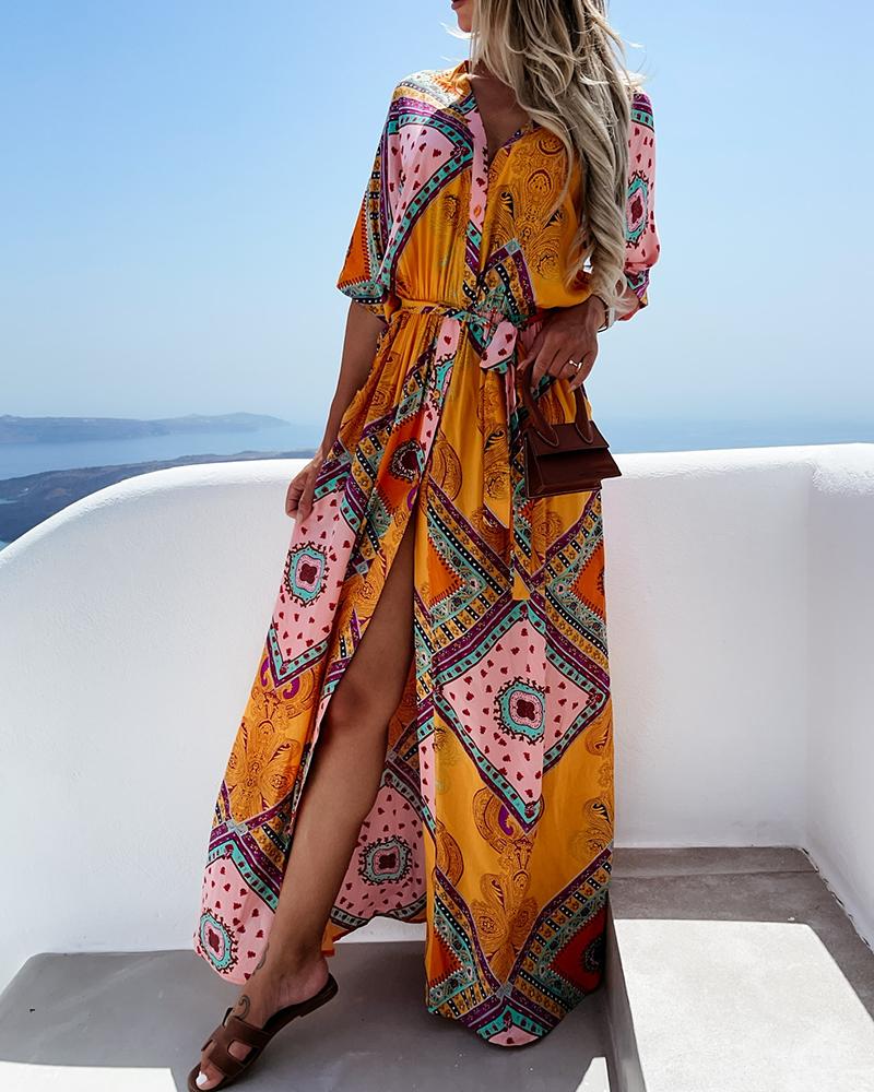 

National Style Print Lace-up Half Sleeve Maxi Dress, Orange