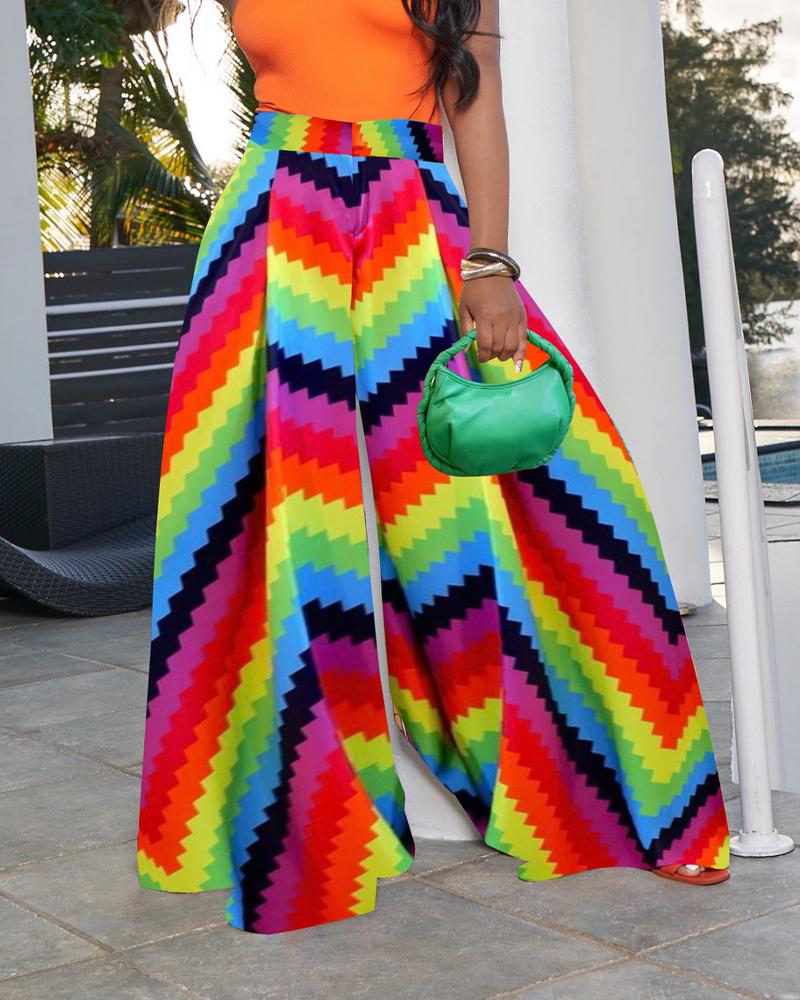

Plus Size Colorblock Chevron Print High Waist Wide Leg Pants, Multicolor