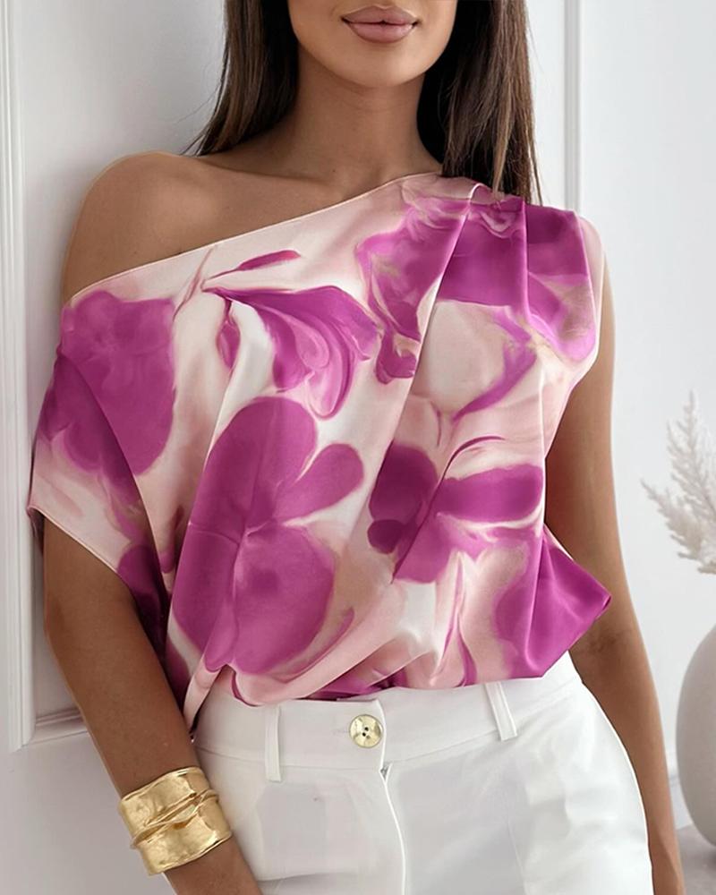 

Floral Tie Dye Print Skew Neck Ruched Top, Pink