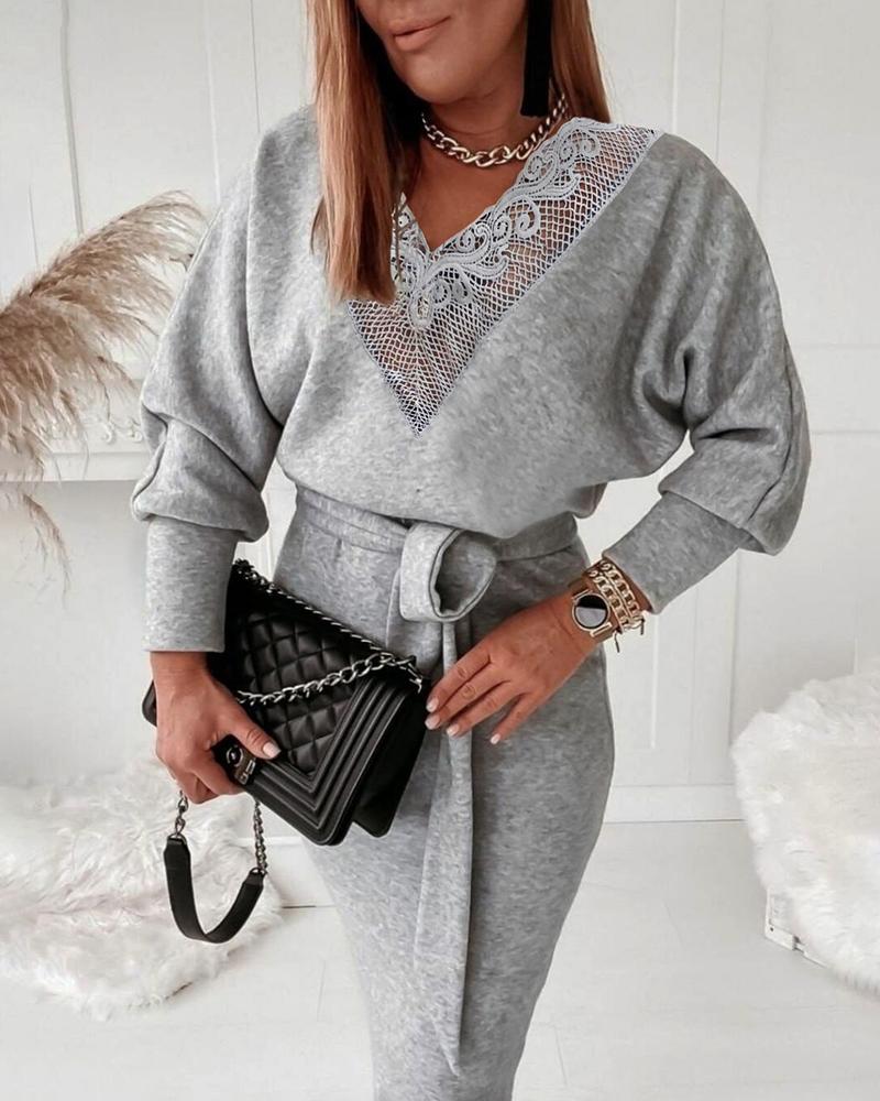 

Lace Patch Long Sleeve Casual Dress With Belt, Gray