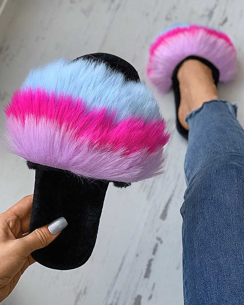 

Peep Toe Colorblock Fluffy Casual Slipper, Hot pink