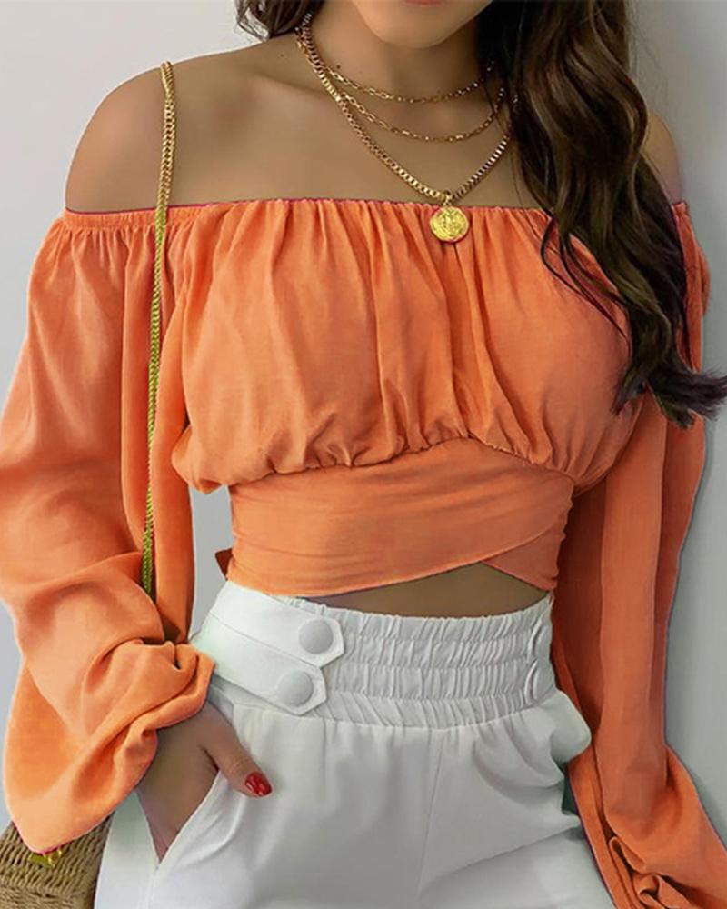 

Off Shoulder Ruched Lantern Sleeve Crop Top, Orange