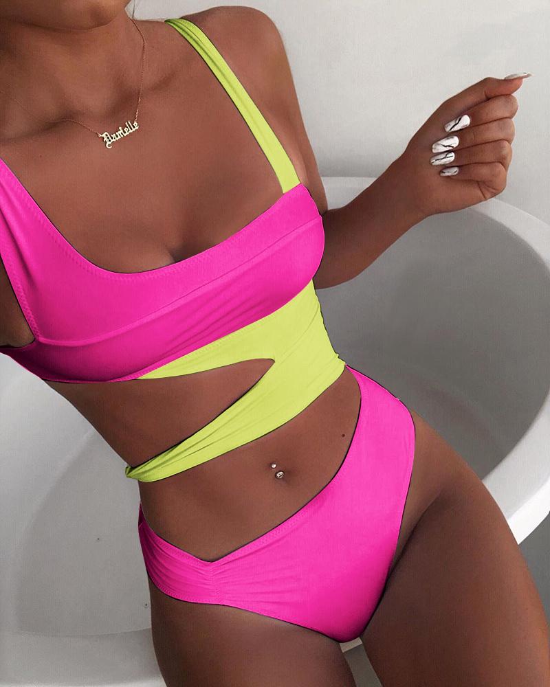 

Colorblock Cutout Waist One-Piece Swimsuit, Hot pink
