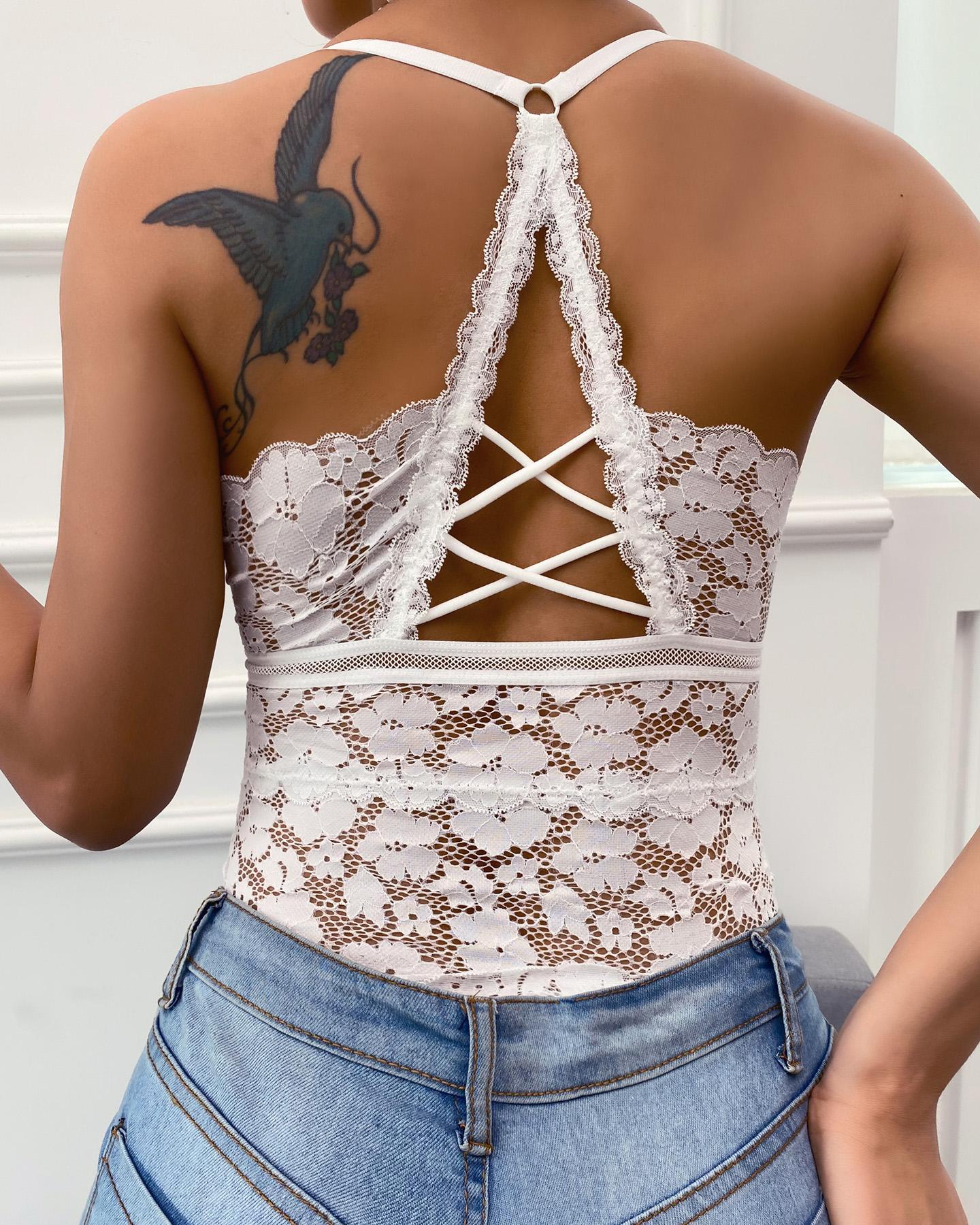 

Crochet Lace O-ring Lace-up Back Top, White