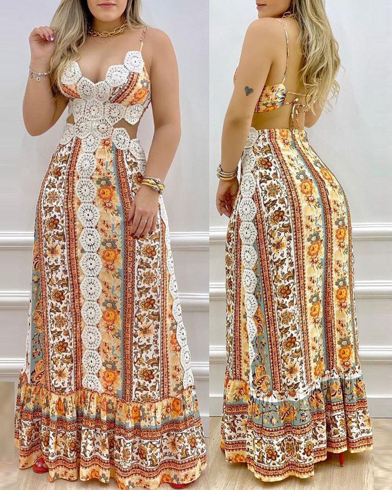 

Floral Print Contrast Lace Backless Maxi Dress, Yellow