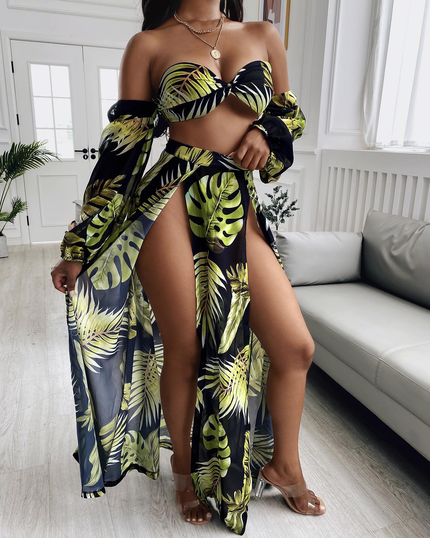 

Off Shoulder Tropical Print Crop Top & High Slit Maxi Skirt Set, Green