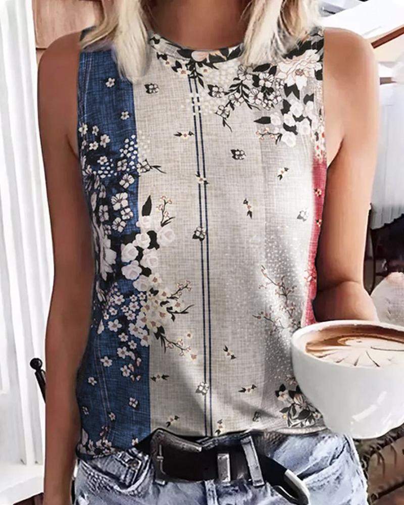 

Floral Print Colorblock Crew Neck Tank Top, Coffee