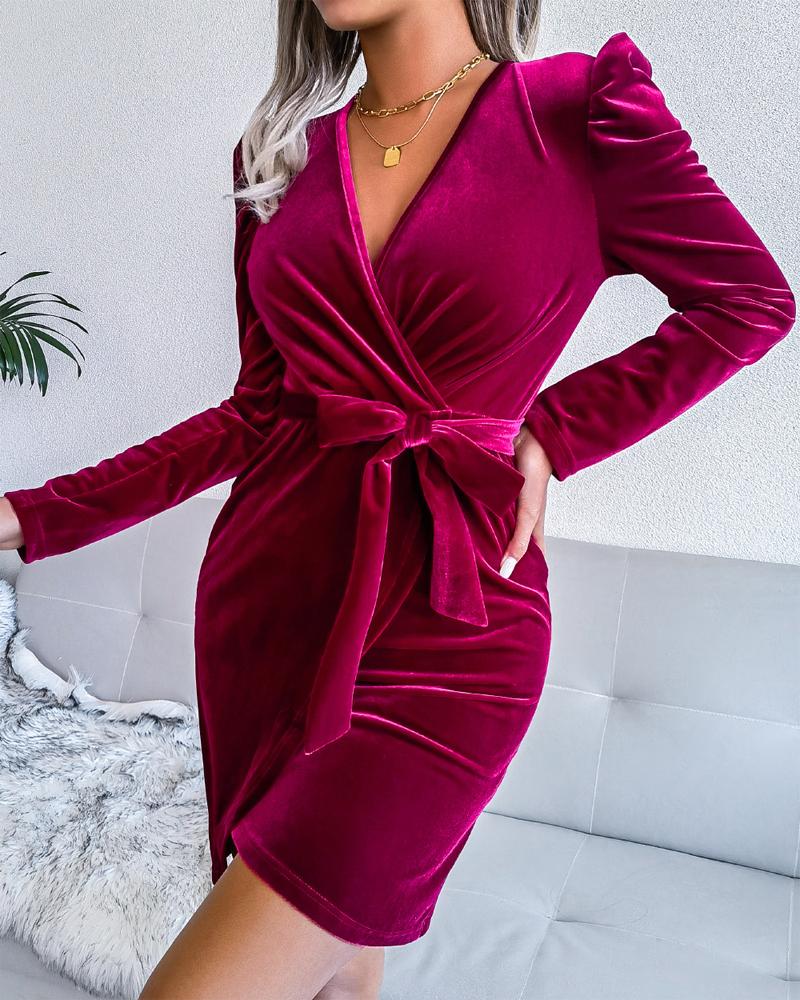 

Puff Sleeve Surplice Neck Velvet Party Dress, Wine red