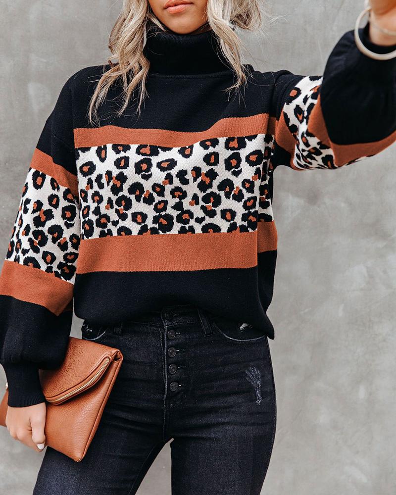 

Cheetah Pattern Lantern Sleeve Knit Sweater, Black