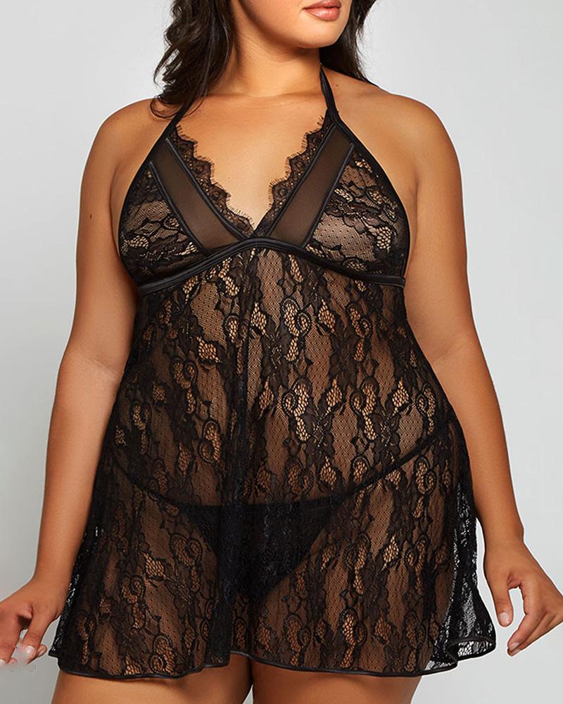 

Plus Size Halter Backless Eyelash Crochet Lace Babydoll With Thong, Black
