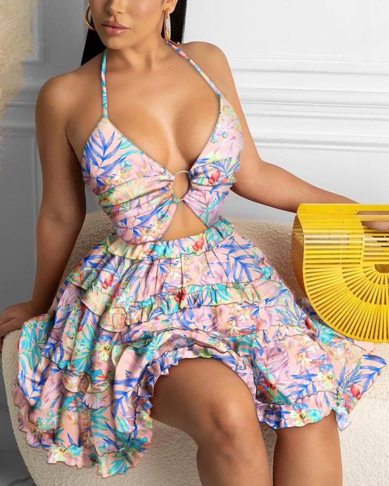 

Cami Deep-V Floral Print Frill Hem Dress, Pink