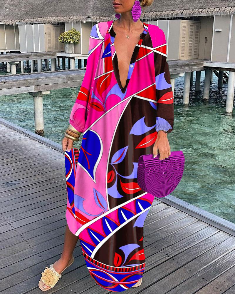 

Allover Print Button Front Long Sleeve Shirt Dress, Multicolor