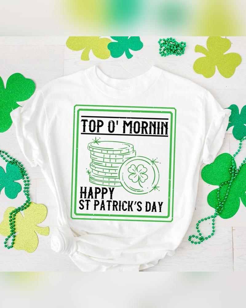 

St. Patrick's Day Cartoon Clover & Letter Print Short Sleeve T-shirt, White