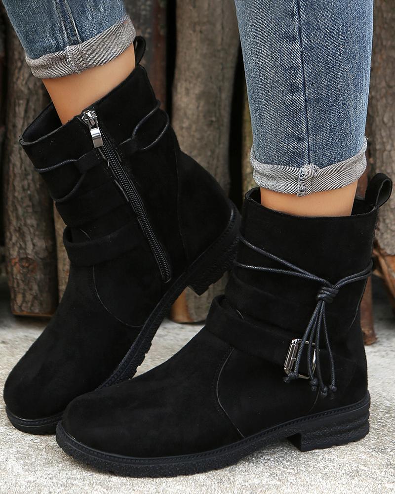 

Side Zip Buckled Tassel Detail Ankle Boots, Black